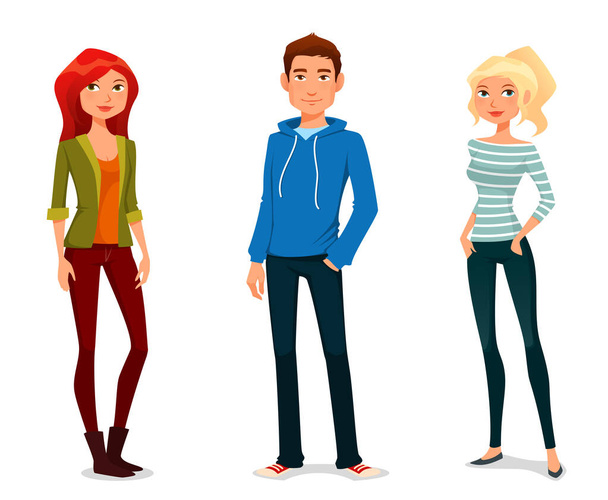 cute cartoon illustration of young people in casual street fashion, teenagers or students. Isolated on white. - Vector, Image