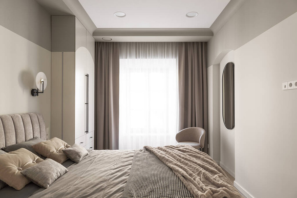 Modern yatak odasının içi pastel renkte. Moda minimalist iç konsept - Fotoğraf, Görsel