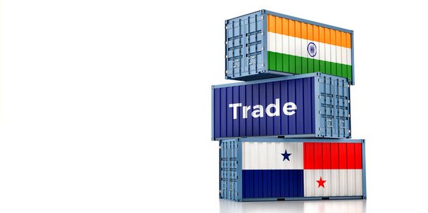 Panama ve Hindistan bayraklı kargo konteynerleri. 3B Hazırlama - Fotoğraf, Görsel