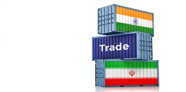 Cargo containers with Iran and India national flags. 3D Rendering - Valokuva, kuva