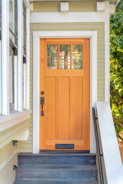 Holztür mit drei Glasscheiben in San Francisco, Kalifornien. Eingang eines Hauses mit Treppe und Metallgeländer an der Vorder- und Außenseite mit hellgrünen Wänden und weißen Zierleisten. - Foto, Bild