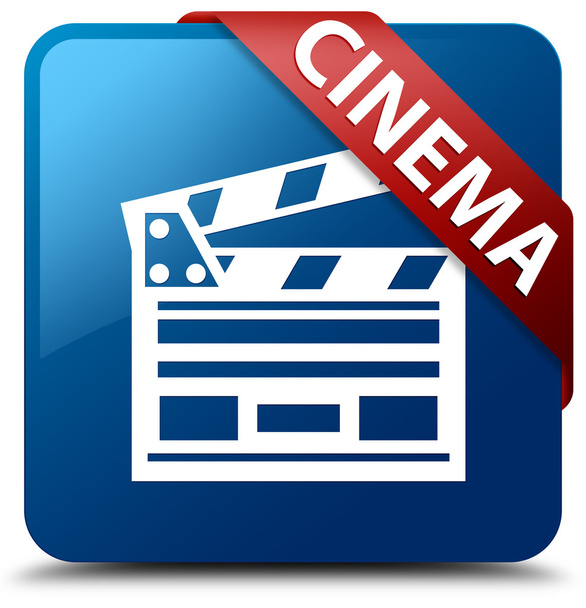 Kino (firma Ciak deska ikona) sklovité červenou stužku na lesklé modré čtvercové tlačítko - Fotografie, Obrázek