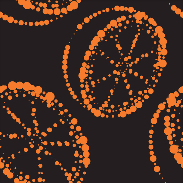 Vector illustratie. Geometrische naadloze patroon. Sappige sinaasappel, citroen bestaande uit stippen van verschillende grootte, stippellijn. Gespot abstracte zomerachtergrond in de vorm van citrusvruchten. - Vector, afbeelding