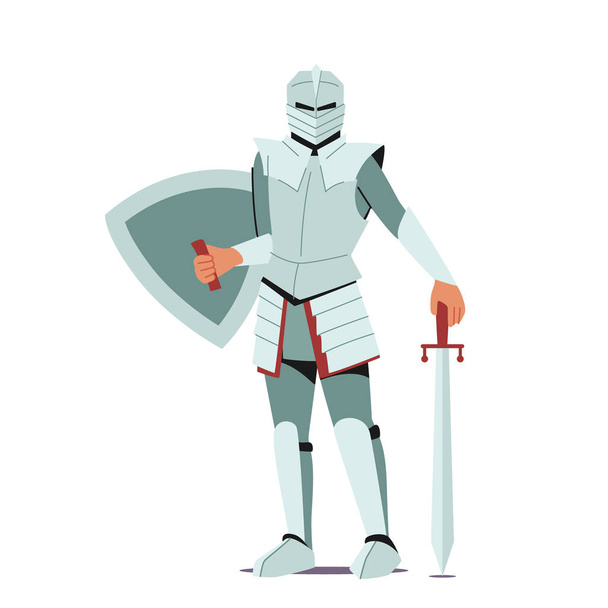 Caballero Medieval Use Armadura y Espada Stand Full Height con Visor Casco Cerrado. Soldado Antiguo, Carácter Histórico - Vector, imagen