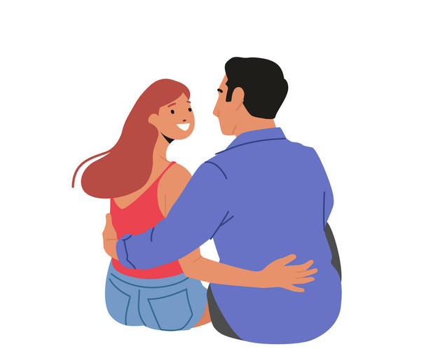 Man en vrouw personages Zittend op de grond, knuffel en kijk in de ogen achteraanzicht. Liefdevol koppel Romantische Relaties - Vector, afbeelding