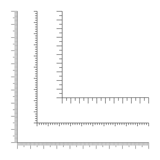 Zestaw szablonów linijki narożnej. Graficzne wagi pomiarowe z pionowymi i poziomymi liniami izolowanymi na białym tle. Ilustracja zarysu wektora - Wektor, obraz