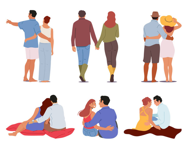 Set of Happy Men and Women Love, Embracing and Hugging Rear View. Loving Couples Hug, Walk, Sitting on Plaid - Вектор,изображение