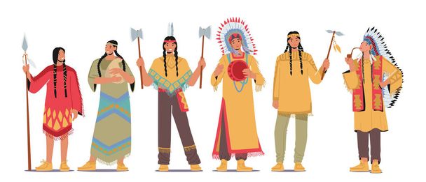 Halmaza indián bennszülött karakterek, elszigetelt harcosok, férfiak, nők és főnök, bennszülött őslakos személyek - Vektor, kép