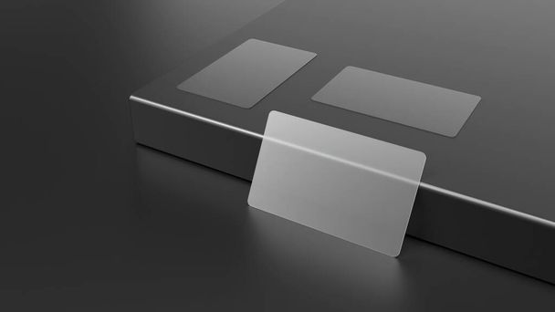 Clear Business Cards on Matt Black Surface for mockup and illustrations, 3D Render - Фото, изображение