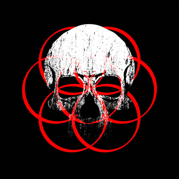 Camiseta de diseño de un cráneo mezclado con círculos rojos sobre un fondo negro. diseño demoníaco. - Vector, Imagen