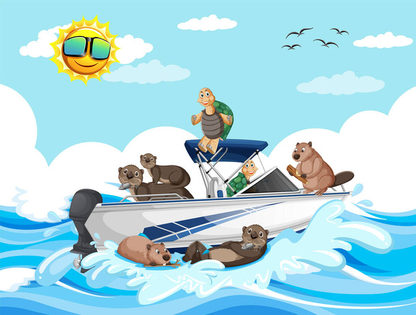 Escena oceánica con grupo de animales en lancha rápida ilustración - Vector, Imagen
