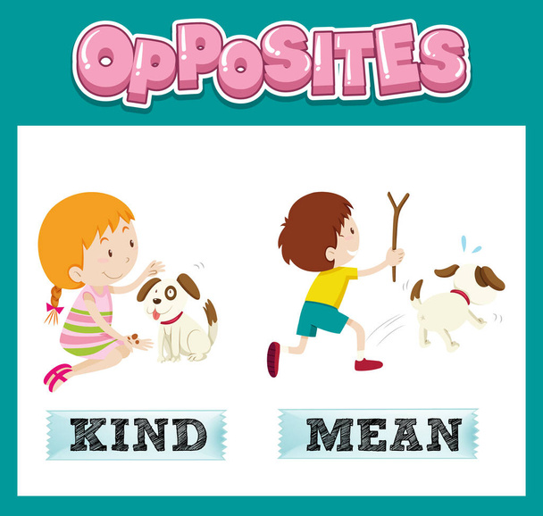 Opposite English words with kind and mean illustration - Vector, Image