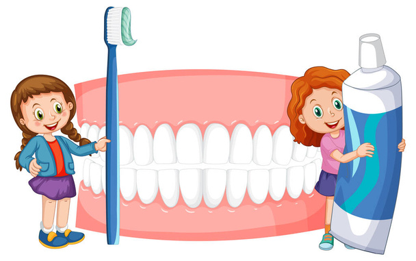 Παιδιά κρατώντας οδοντόκρεμα και οδοντόβουρτσα με λευκά δόντια σε λευκό φόντο εικονογράφηση - Διάνυσμα, εικόνα