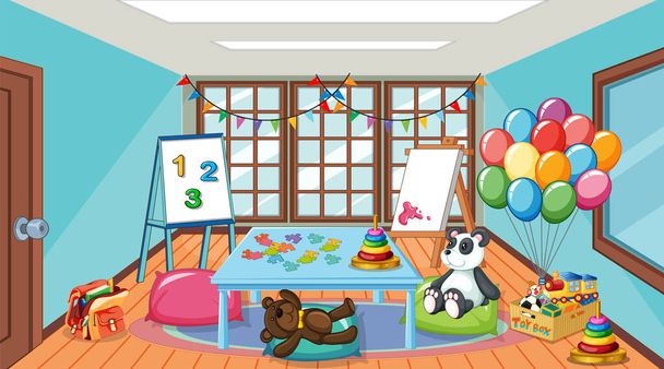 Interior vacío del aula de jardín de infantes con muchos juguetes para niños ilustración - Vector, imagen