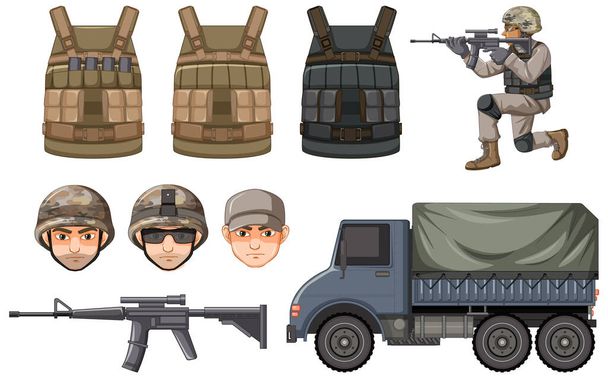 Set of military element on white background illustration - Vector, Imagen