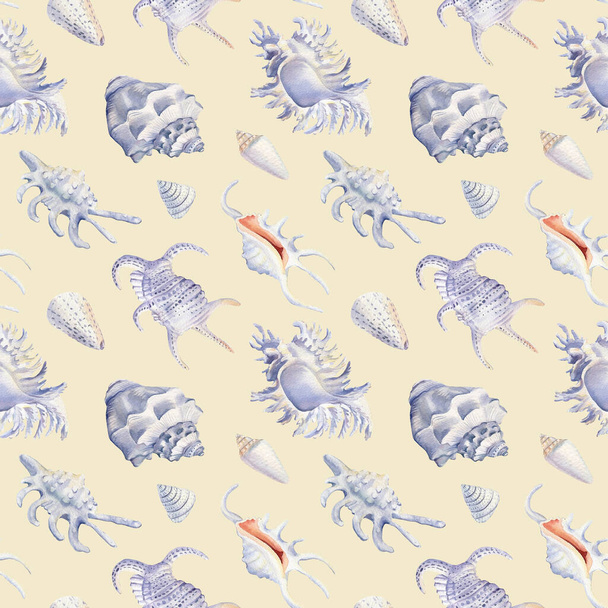 Seamless watercolor pattern with shells on beige background. Nautical background for wallpaper, wrapping paper, banner - Фото, зображення
