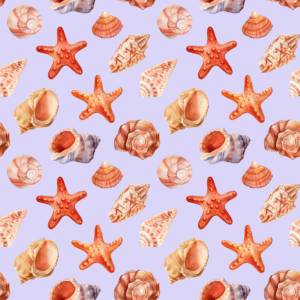 Seamless pattern with sea shells. Watercolor nautical background for wallpaper, wrapping paper, banner, card - Foto, imagen