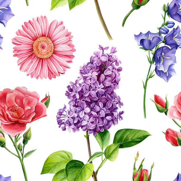 Mavi çan, güller ve leylak dalları. Suluboya çiçekler. Çiçeksiz desenler - Fotoğraf, Görsel