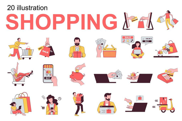 Shopping concept with people scenes set in flat design. Men and women choose goods, make purchases at sales, pay online and at checkout and other. Vector illustration visual stories collection for web - Vector, Image