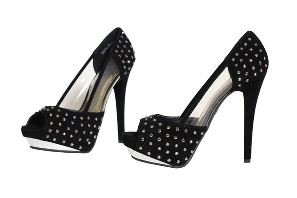 Black Velvet High Heel Shoes With Rhinestones Isolated on White Background - Фото, изображение