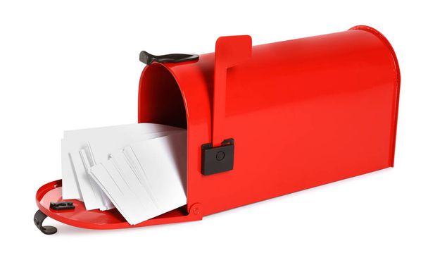 Red letter box with envelopes on white background - 写真・画像