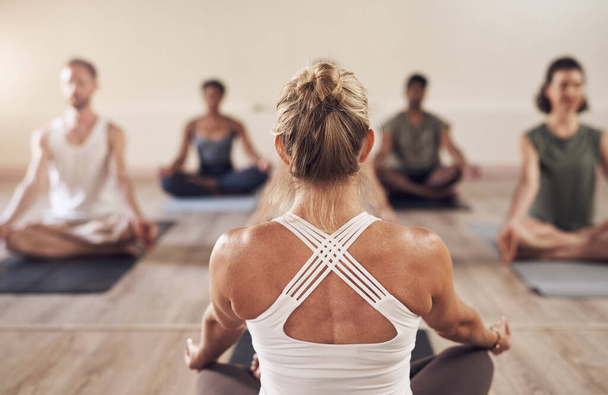 El yoga aporta equilibrio a nuestras vidas. Vista trasera de un instructor de yoga instruyendo su clase en el estudio. - Foto, Imagen