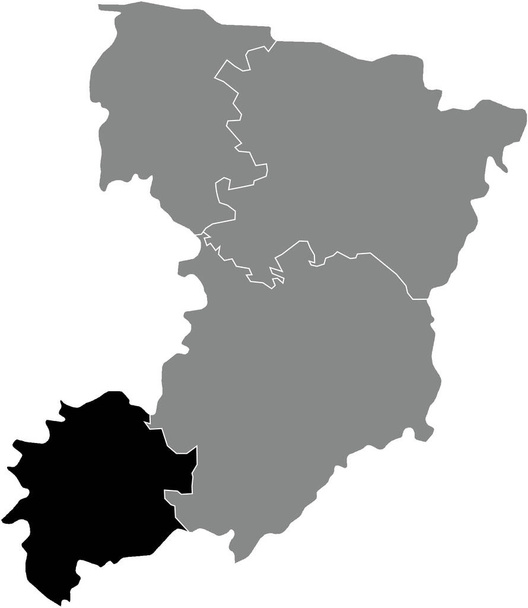 Black flat blank highlighted location map of the DUBNO RAION inside gray raions map of the Ukrainian administrative area of Rivne Oblast, Ukraine - Vettoriali, immagini