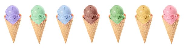 Set with different tasty ice creams in wafer cones on white background. Banner design - Foto, afbeelding