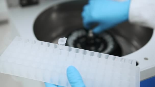 Cientista feminina em proteção pega amostras da centrífuga e coloca no rack - Filmagem, Vídeo