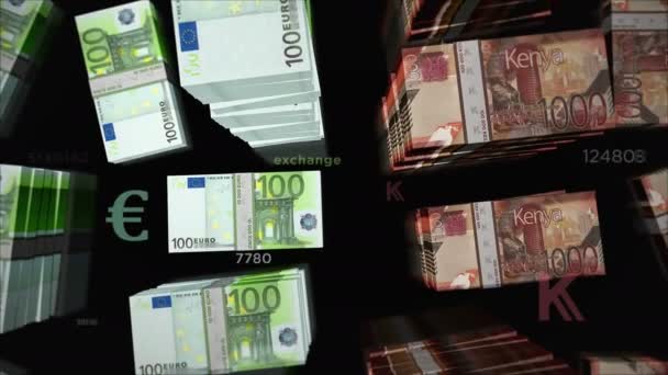 Euro en Kenia Shilling geld wisselen. Papieren bankbiljetten pakken bundel. Begrip handel, economie, mededinging, crisis, bankieren en financiën. Opmerkingen loopable naadloze 3d animatie. - Video