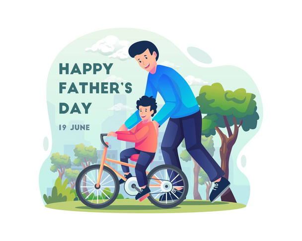 Szczęśliwego Dnia Ojca koncepcja z ojcem uczy syna jeździć na rowerze w parku. Ojcostwo rodzicielskie. Tatuś spędza czas z synem. Płaski styl wektor ilustracji - Wektor, obraz