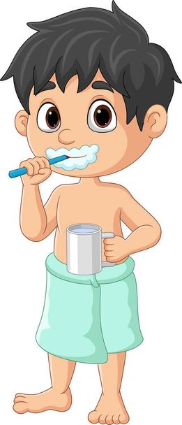 Küçük şirin çocuğun dişlerini fırçalamasının vektör çizimi - Vektör, Görsel