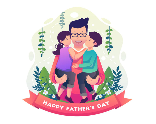 父は喜んで子供たちを抱いている。息子と娘は抱擁し、両側から彼らの幸せな父親の頬にキス。父の日の挨拶。平面図ベクトル図 - ベクター画像