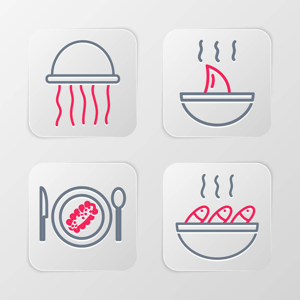 Set line Fish soup, Served cucumber on a plate, Shark fin and Jellyfish icon. Vector - Vecteur, image