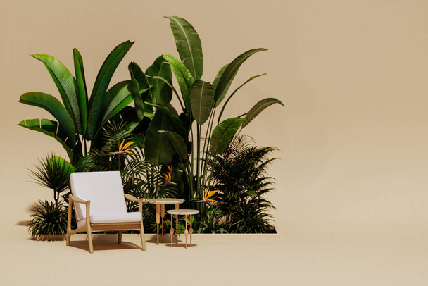 Fauteuil met tropische tuin op beige achtergrond. Studio met tropische bomen en bladeren. Advertentie idee. Creatieve compositie. 3d renderen - Foto, afbeelding
