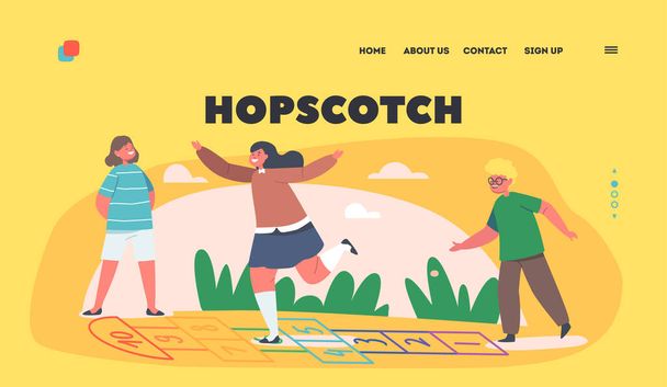 Niños juegan Hopscotch Game Landing Page Template. Happy Kids Summer Activity (en inglés). Niños y niñas amigos en el patio de recreo - Vector, imagen