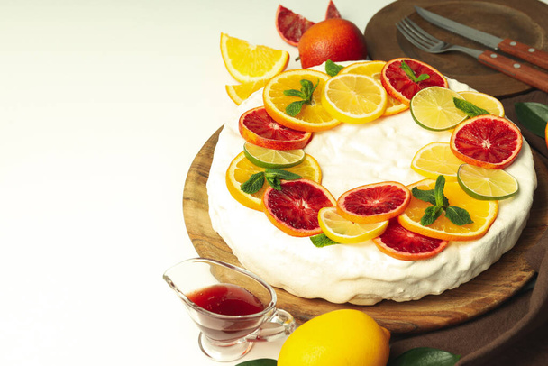 Concept of tasty dessert with meringue pie with citrus, space for text - Foto, Imagem