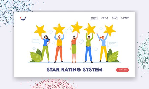 Star Rating System Landing Page Template. Kleine klanten Karakters Houd Enorme Sterren, Feedback van de consument of Klantbeoordeling - Vector, afbeelding