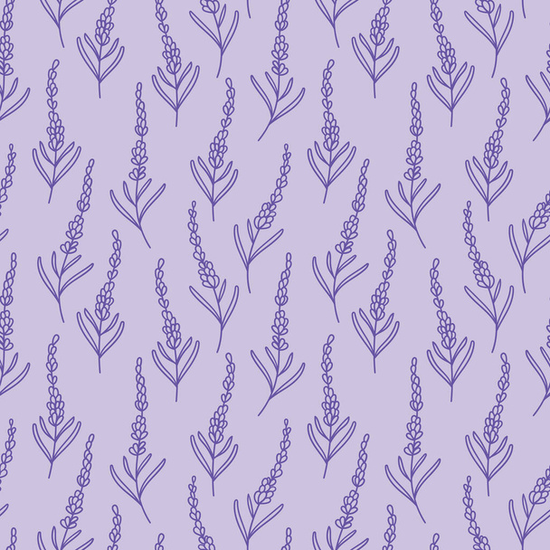 Hand drawn vector lavender doodles, cute purple floral pattern, seamless repeating tile. - Vektör, Görsel