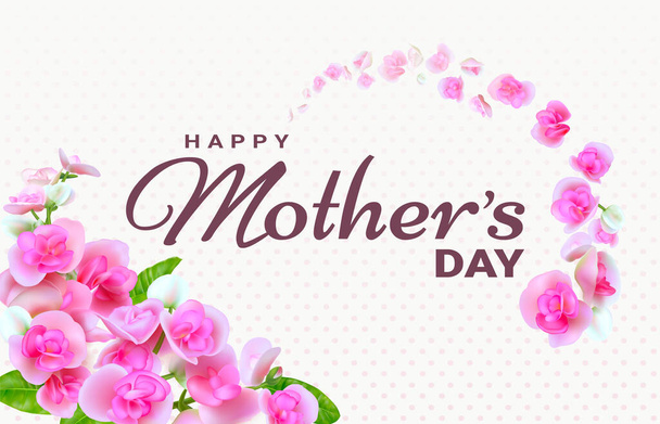 Ευτυχισμένη Ημέρα της Μητέρας. Ευχετήρια κάρτα με όμορφα λουλούδια σε ανοιχτό ροζ κουκκίδες φόντο. Πρότυπο για τη Διεθνή Ημέρα της Μητέρας. - Διάνυσμα, εικόνα