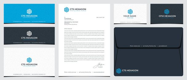CTS hatszögletű logó írószerrel, névjegykártyával és közösségi média bannerrel - Vektor, kép