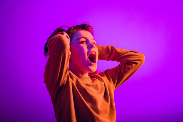 Portrait of boy, child holding hands behind head and shouting isolated over purple background in neon light - Foto, immagini