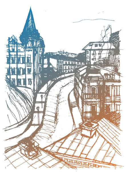 Vector trace of hand drawn sketch of architecture urban skyline, an ancient buildings on the old street in Kyiv, Ukraine. Blue gold doodle drawing on a white background  - Vecteur, image