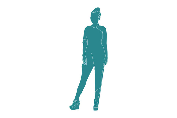Vector illustration of casual woman with jumpsuit, Flat style with outline - Vecteur, image