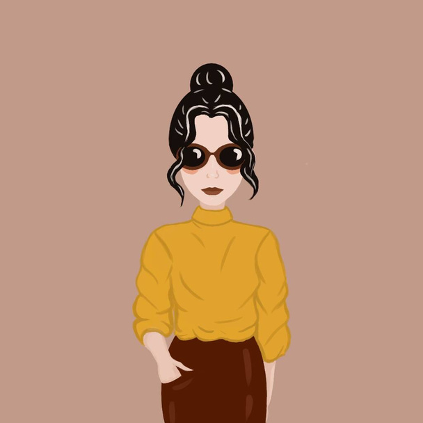 business girl in sunglasses, flat illustration in autumn colors. - Fotoğraf, Görsel