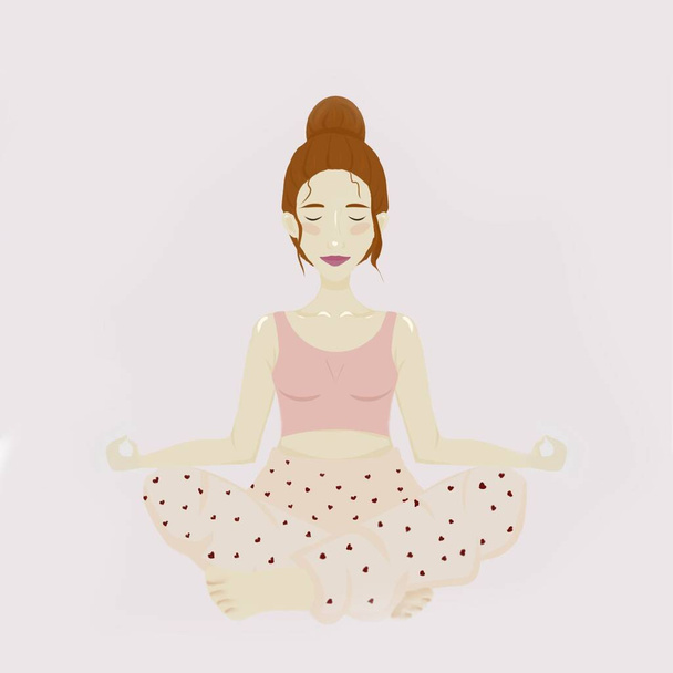 Flat illustration with a meditating girl, sukhasana, relaxed girl in pajamas, meditation, yoga. - Foto, Imagen