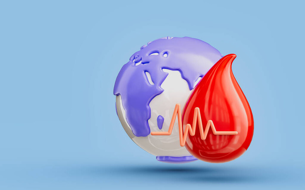 Blood drop rhythm icon with globe 3d render concept for world blood donation day to save humanity - Photo, image