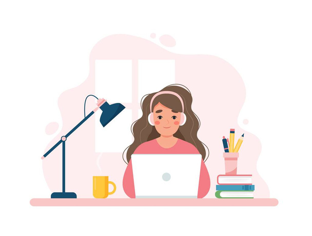 Woman working with computer, home office, student or freelancer. Customer service, call center and support. Cute concept vector illustration in flat style - Vector, Imagen