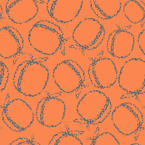 Vektor. Geometrisches nahtloses Muster. Saftige Aprikose, Pfirsich, bestehend aus Punkten unterschiedlicher Größe, gepunktete Linie. Gefleckter abstrakter fruchtiger Sommerhintergrund. Design für Papier, Einband, Stoff, Inneneinrichtung - Vektor, Bild