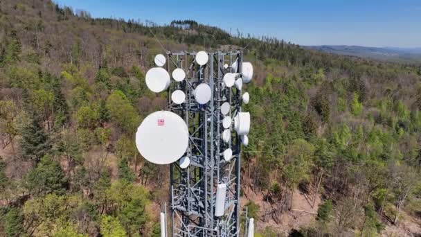 Geniş bir iletişim kulesi, orman alanı. Yüksek açı, insansız hava aracı görüntüleri. - Video, Çekim